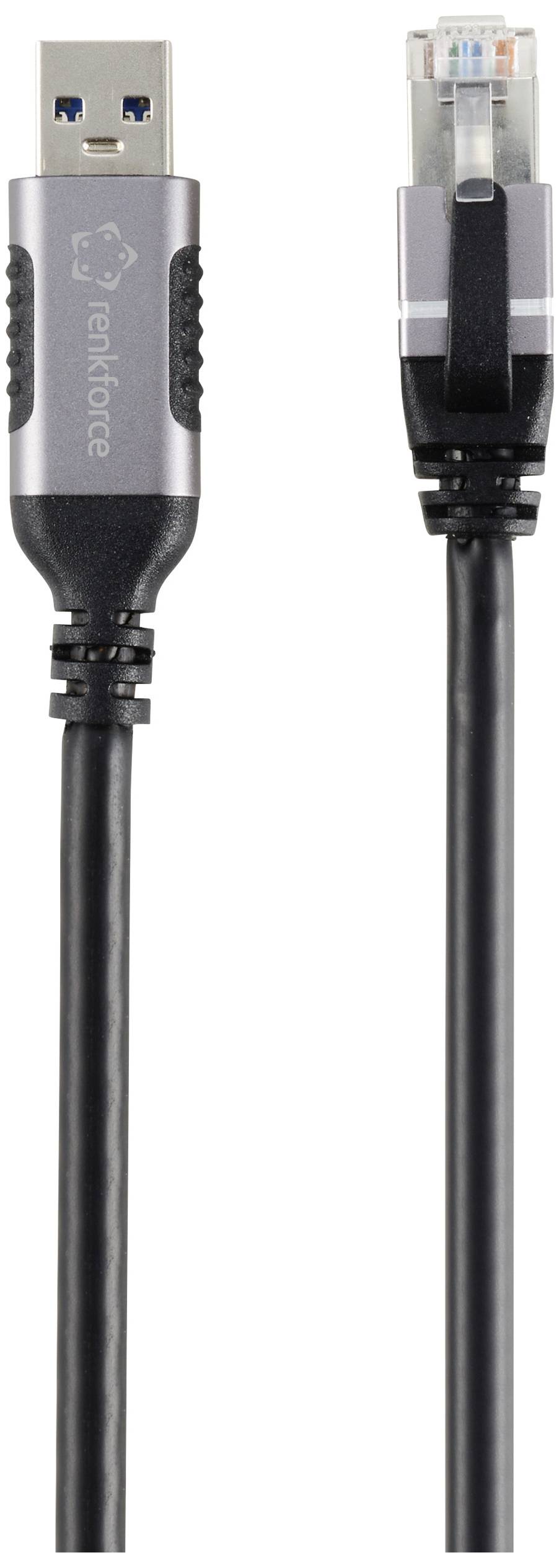 USB-zu-Ethernet-Adapterkabel mit USB-Stecker links und Ethernet-Stecker rechts.