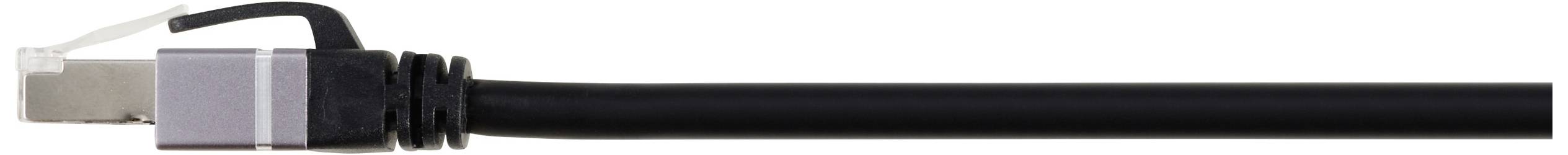 Ein schwarzes Ethernet-Kabel mit einem silbernen Stecker, das in Richtung links zeigt.