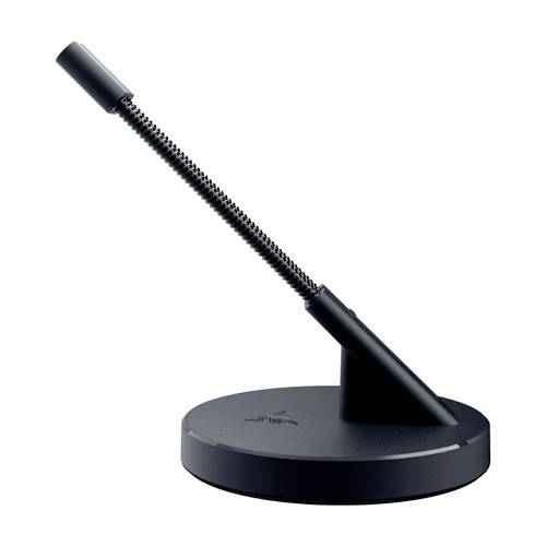Ein schwarzer, flexibler Mikrofonarm auf rundem Sockel, geeignet für Gaming oder Online-Kommunikation.