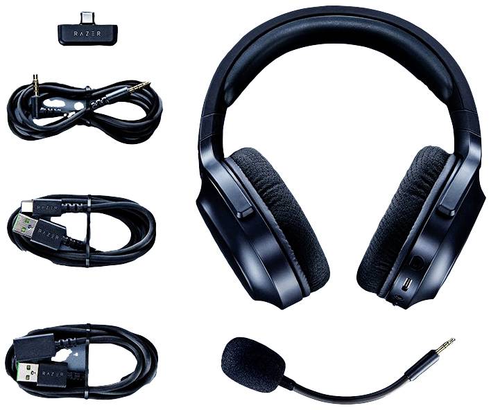 Razer Gaming-Headset mit abnehmbarem Mikrofon, mehreren Kabeln und Adapter für verschiedene Konnektivitätsoptionen.