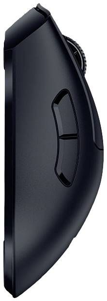 Schwarze vertikale Computermaus mit ergonomischem Design und zwei Seitentasten, seitliche Ansicht. Geeignet zur Handgelenksentlastung.