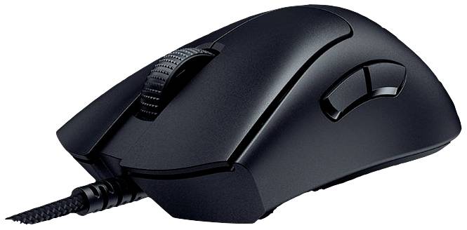 Schwarze kabelgebundene Computermouse mit zwei Tasten und einem Scrollrad.