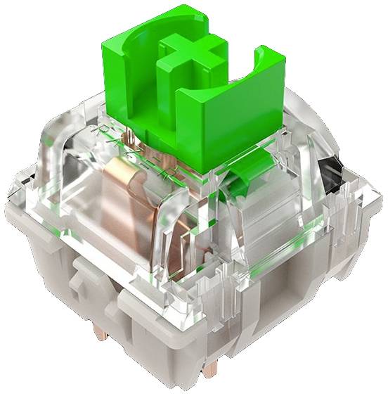 Transparenter mechanischer Schalter mit grünem Kreuzsteg, bekannt für taktiles Feedback, oft in Tastaturen verwendet.