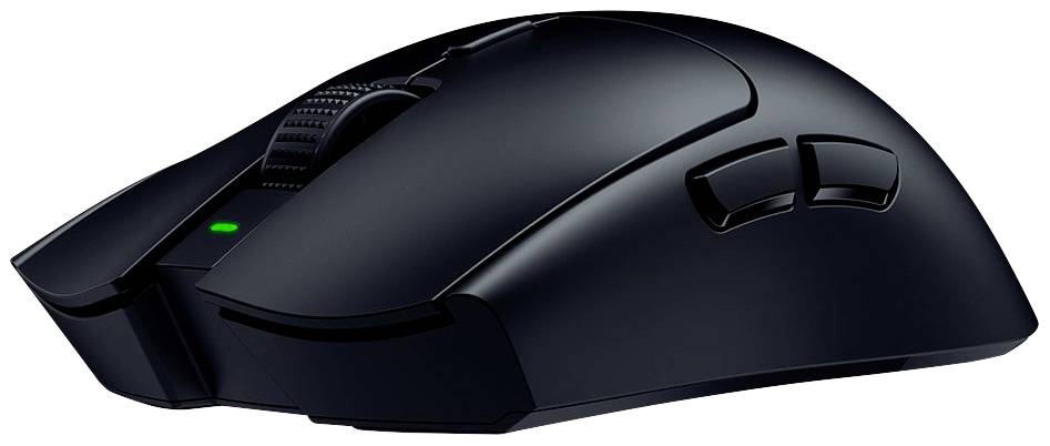 Eine kabellose, schwarze Gaming-Maus mit mehreren Tasten, geeignet für präzise Steuerung bei Computerspielen.