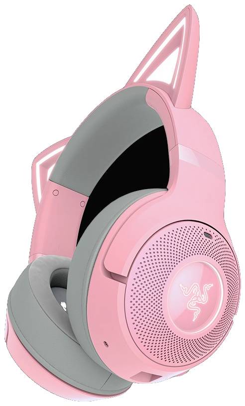 Rosa Gaming-Kopfhörer mit Katzenohren, geschlossener Ohrmuschel, grauen Polstern und einem markanten Logo auf der Außenseite.