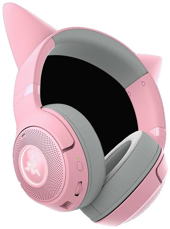 Rosa Katzenohr-Kopfhörer mit grauen Polstern, ausgefahrenem Mikrofon und beleuchtetem Logo, ideal für Gaming.
