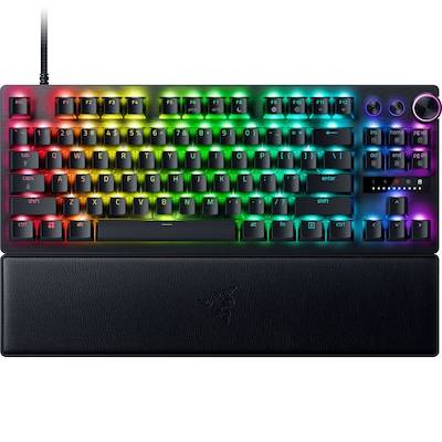Beleuchtete Tastatur mit mehrfarbigen LEDs und abnehmbarem Handballenauflager. Tasten sind in allen Regenbogenfarben beleuchtet.