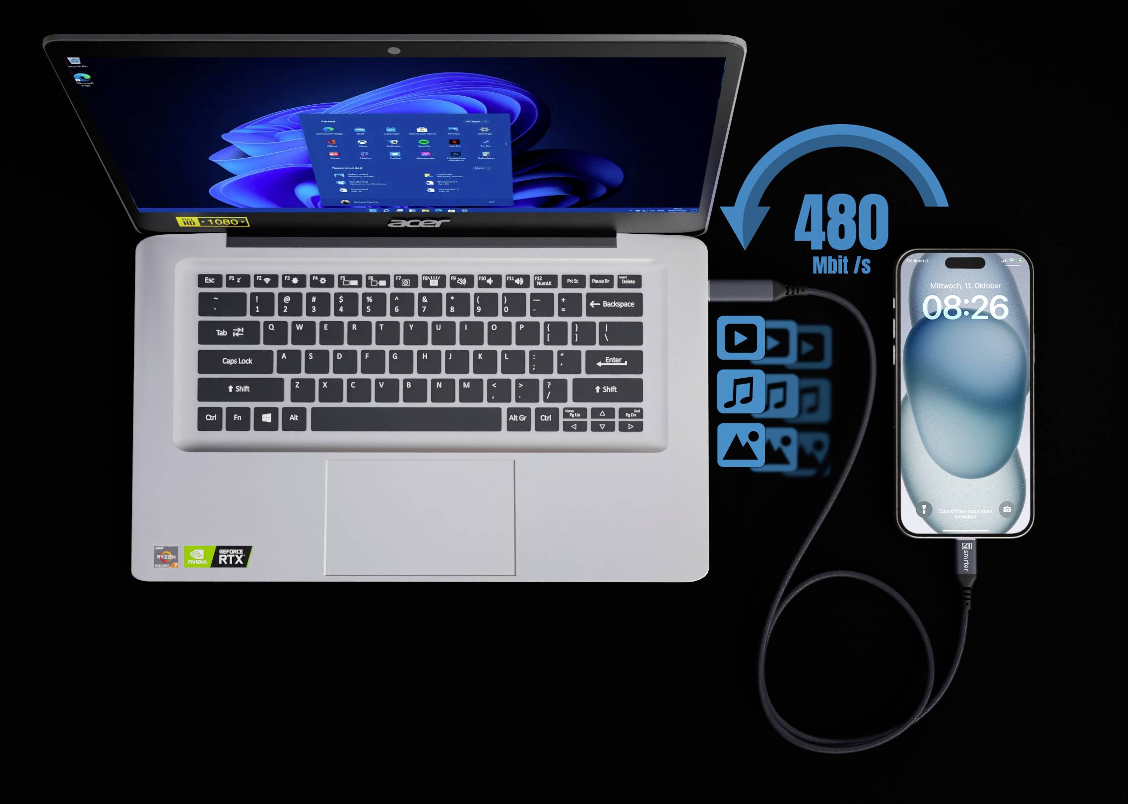 Laptop mit geöffneter Bildschirmansicht zeigt Apps, verbunden mit Smartphone über Kabel, Datenübertragungsrate von 480 Mbit/s angezeigt.