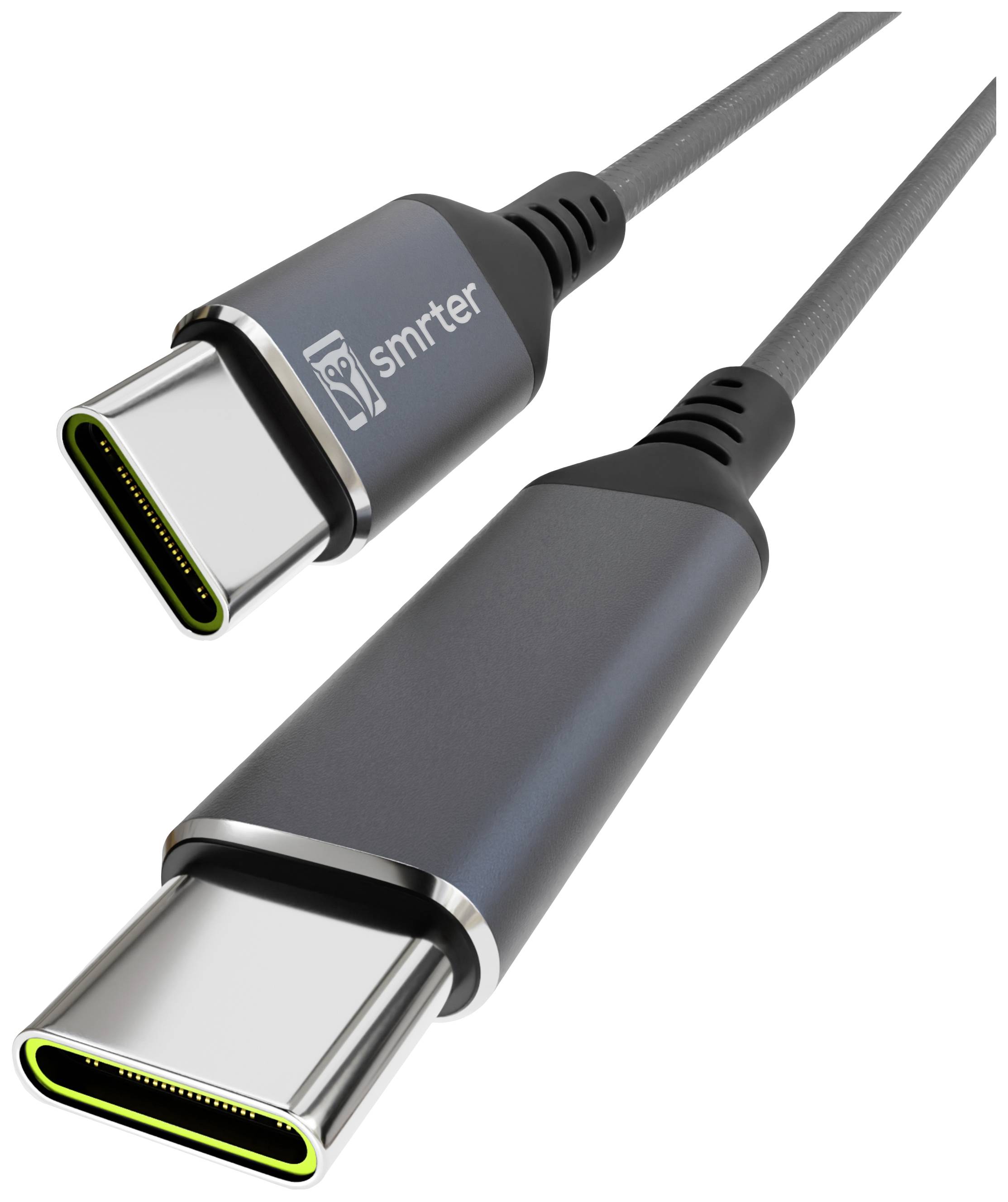 USB-C-Kabel mit Metallschlauch und geprägtem 'smrter'-Logo an beiden Steckern, das für robuste und schnelle Verbindungen steht.