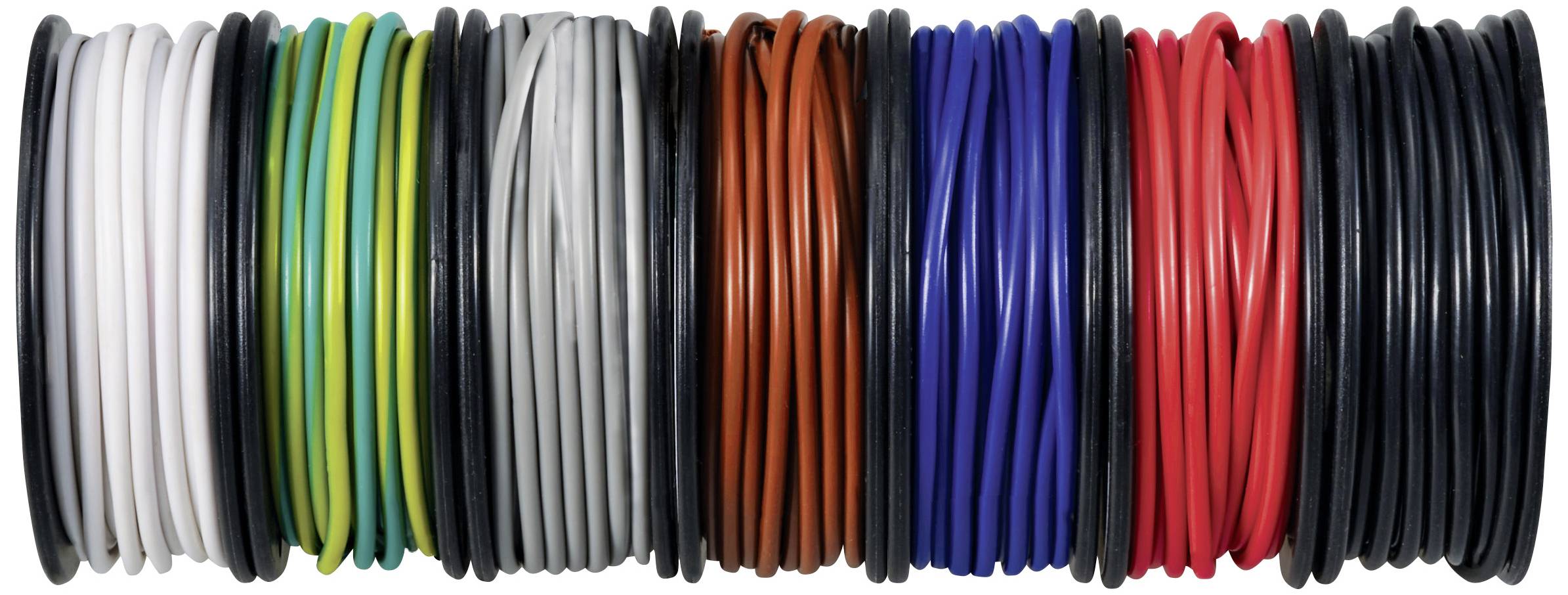 Mehrere bunte Kabelspulen in den Farben Weiß, Grün, Gelb, Grau, Schwarz, Braun, Blau und Rot nebeneinander aufgereiht.