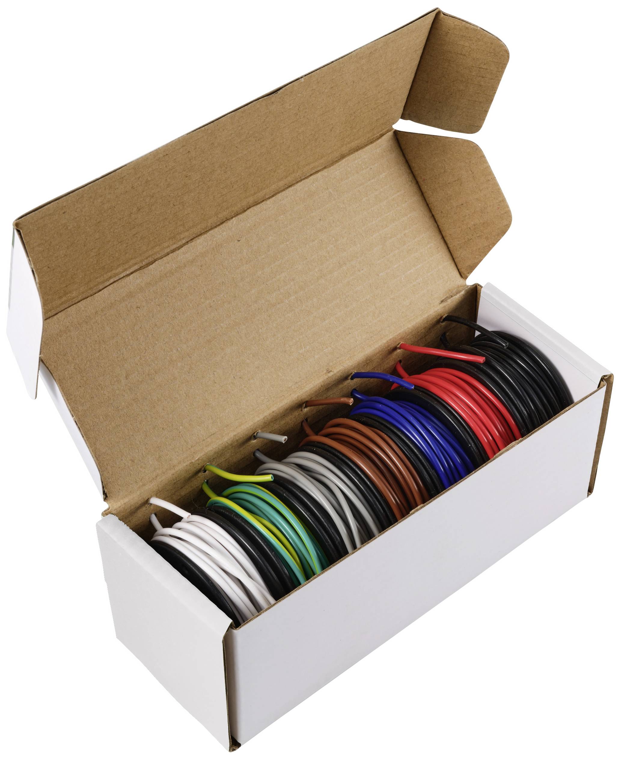 Offene Pappschachtel mit mehreren aufgerollten farbigen Kabeln, darunter rot, blau, grün, schwarz und weiß, in separaten Abteilen.