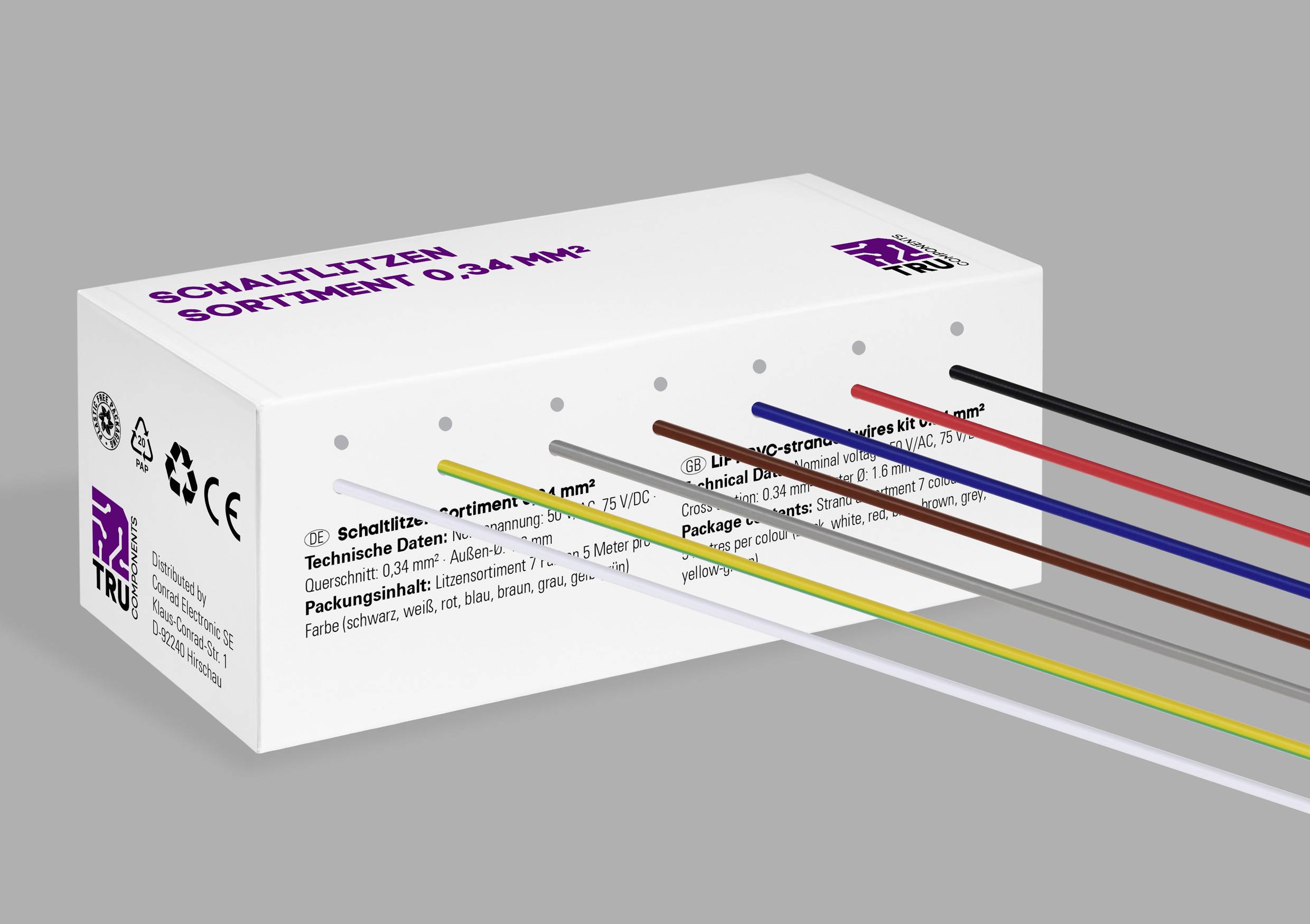 Eine weiße Verpackung mit der Aufschrift 'Schaltlitzen Sortiment 0,24-1 mm²'. Farbkodierte Kabel verlaufen von der Box.