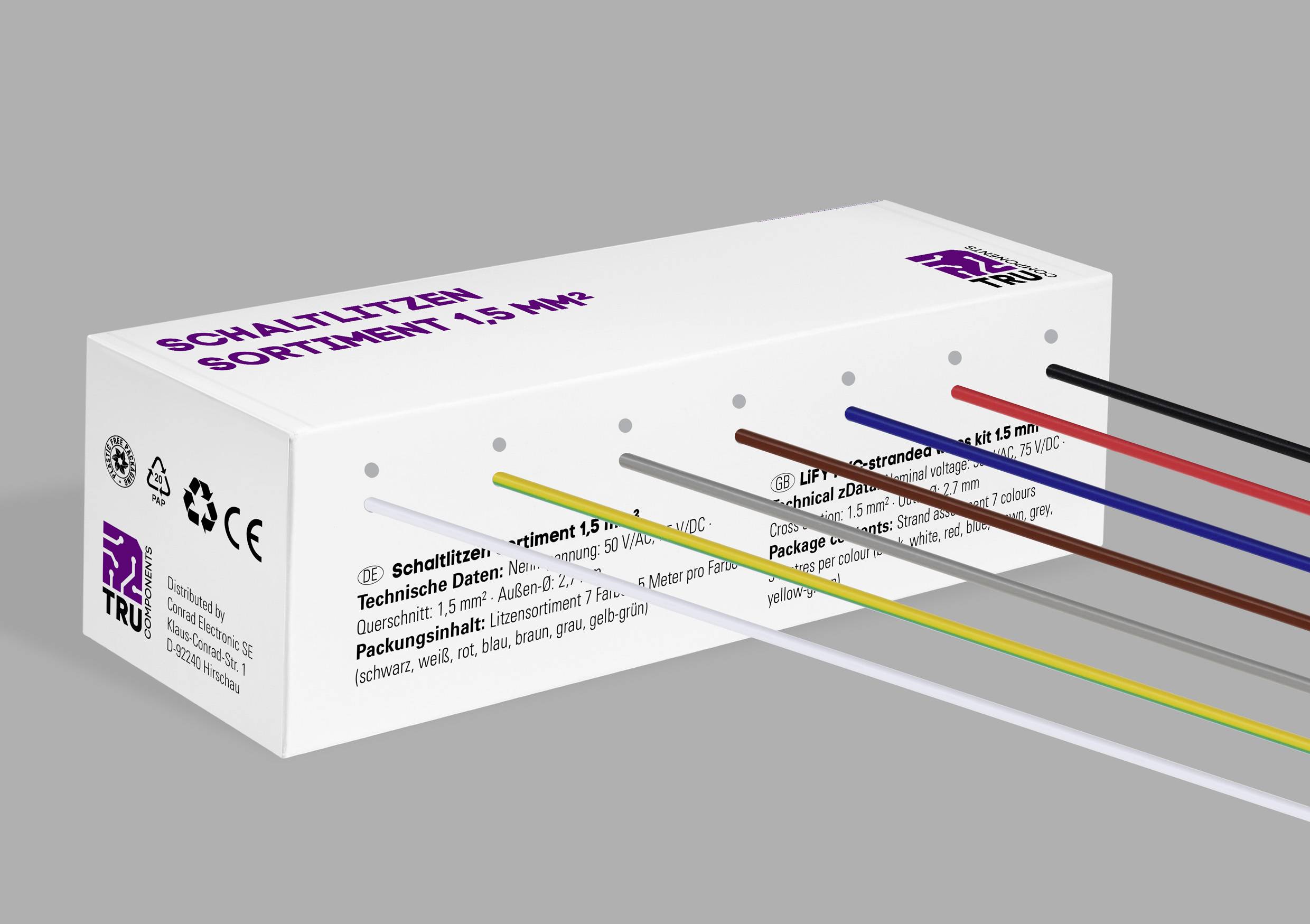 Eine Verpackung mit Schrumpfschläuchen in verschiedenen Farben: Schwarz, Braun, Rot, Blau, Grau. Text: 'Schrumpfschlauch Sortiment 1,5 mm²'.