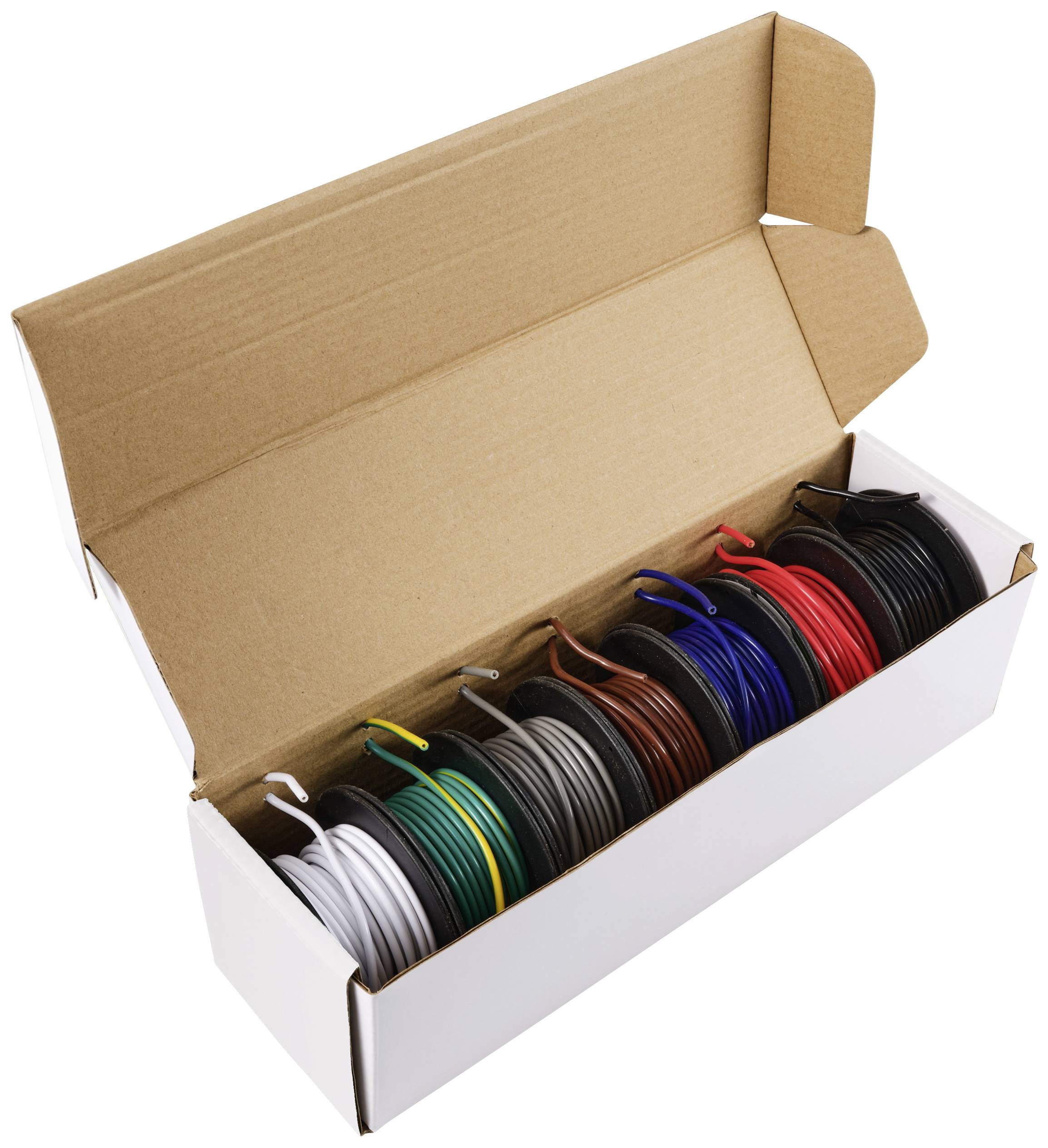 Eine geöffnete Schachtel mit mehreren Rollen farbigen Drahts in verschiedenen Farben wie Weiß, Schwarz, Grün, Rot, Blau und Braun.
