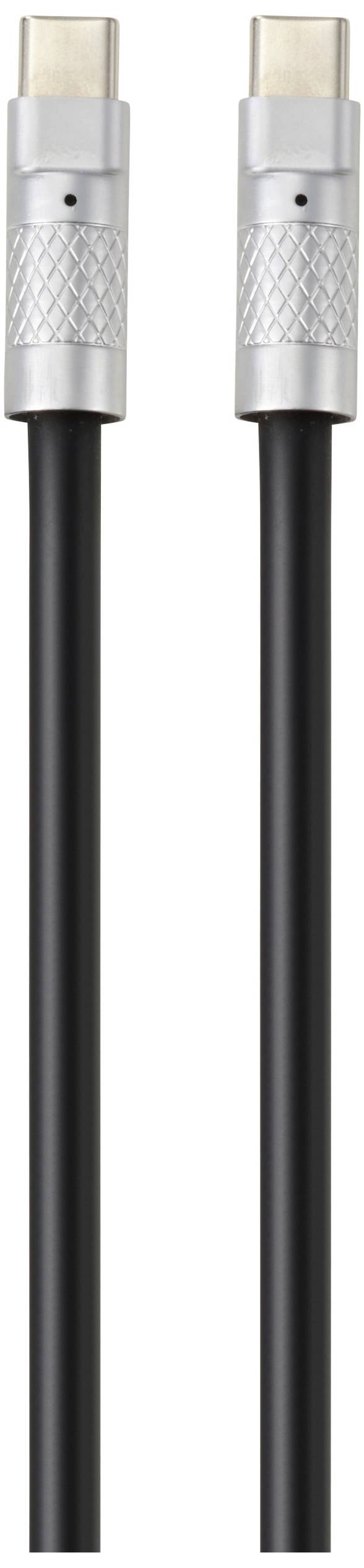 Zwei schwarze USB-C-Kabel mit silbernen Steckern nebeneinander.