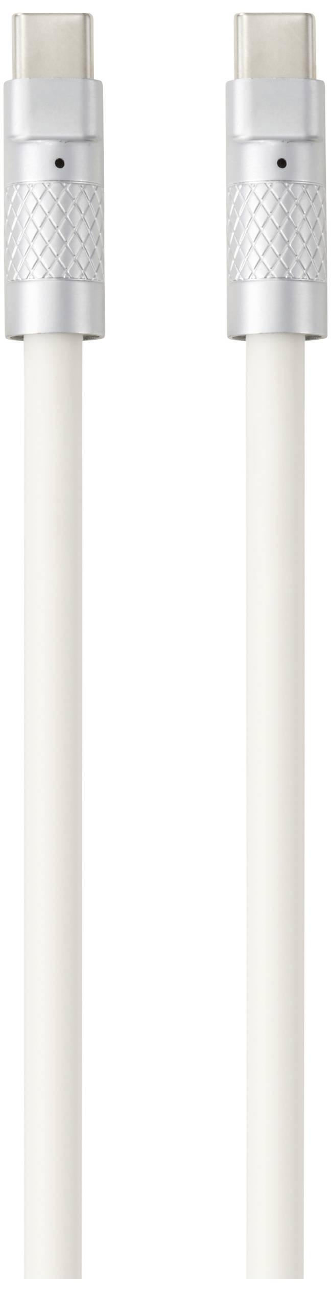Zwei USB-C-Kabel mit silbernem Stecker und weißem Kabel sind nebeneinander angeordnet.