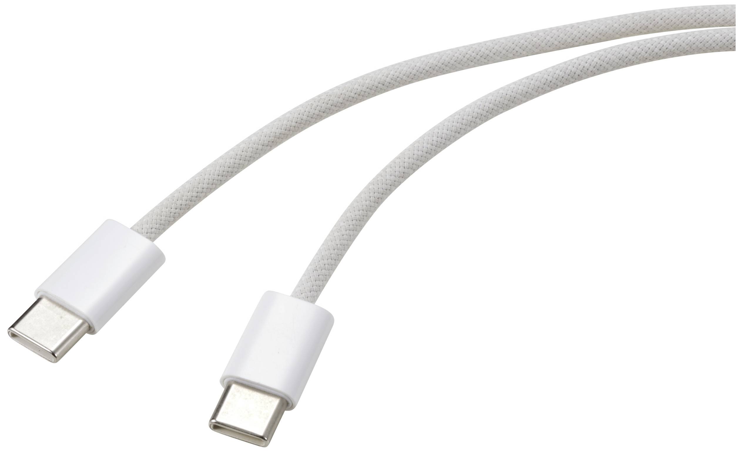 Zwei weiße, geflochtene USB-C-Kabel mit metallischen Steckern, die parallel verlaufen.