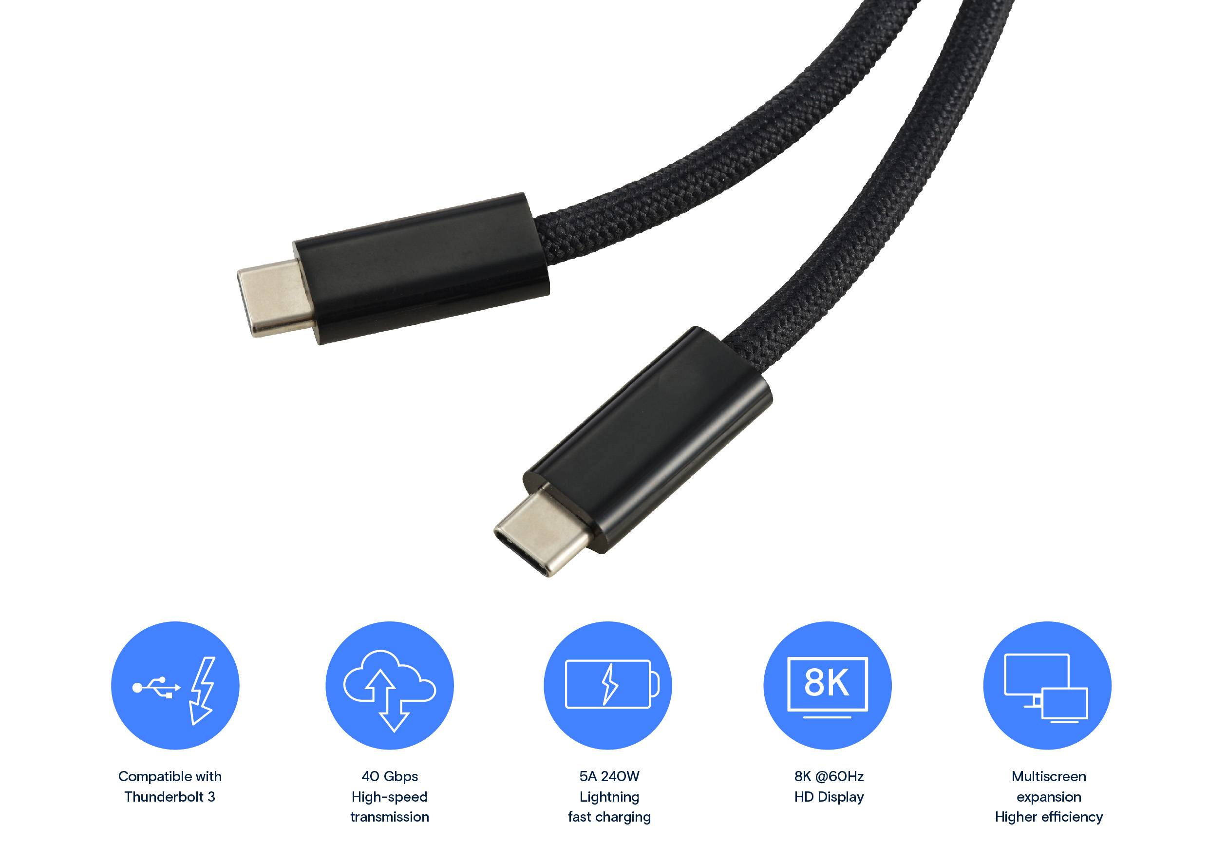 Zwei schwarze USB-C-Kabel auf weißem Hintergrund. Unten Piktogramme mit Text: 'Thunderbolt 3, 40 Gbps, 240W, 8K 60Hz, Multiscreen'.