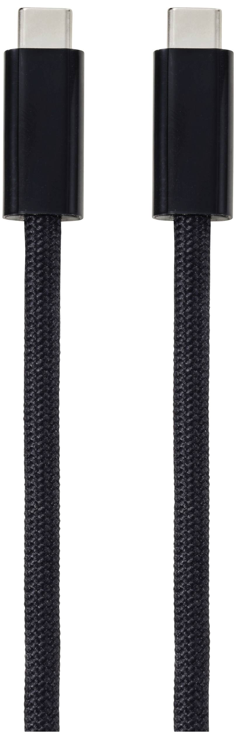 Schwarzes USB-C-Kabel mit zwei identischen Steckern an den Enden.