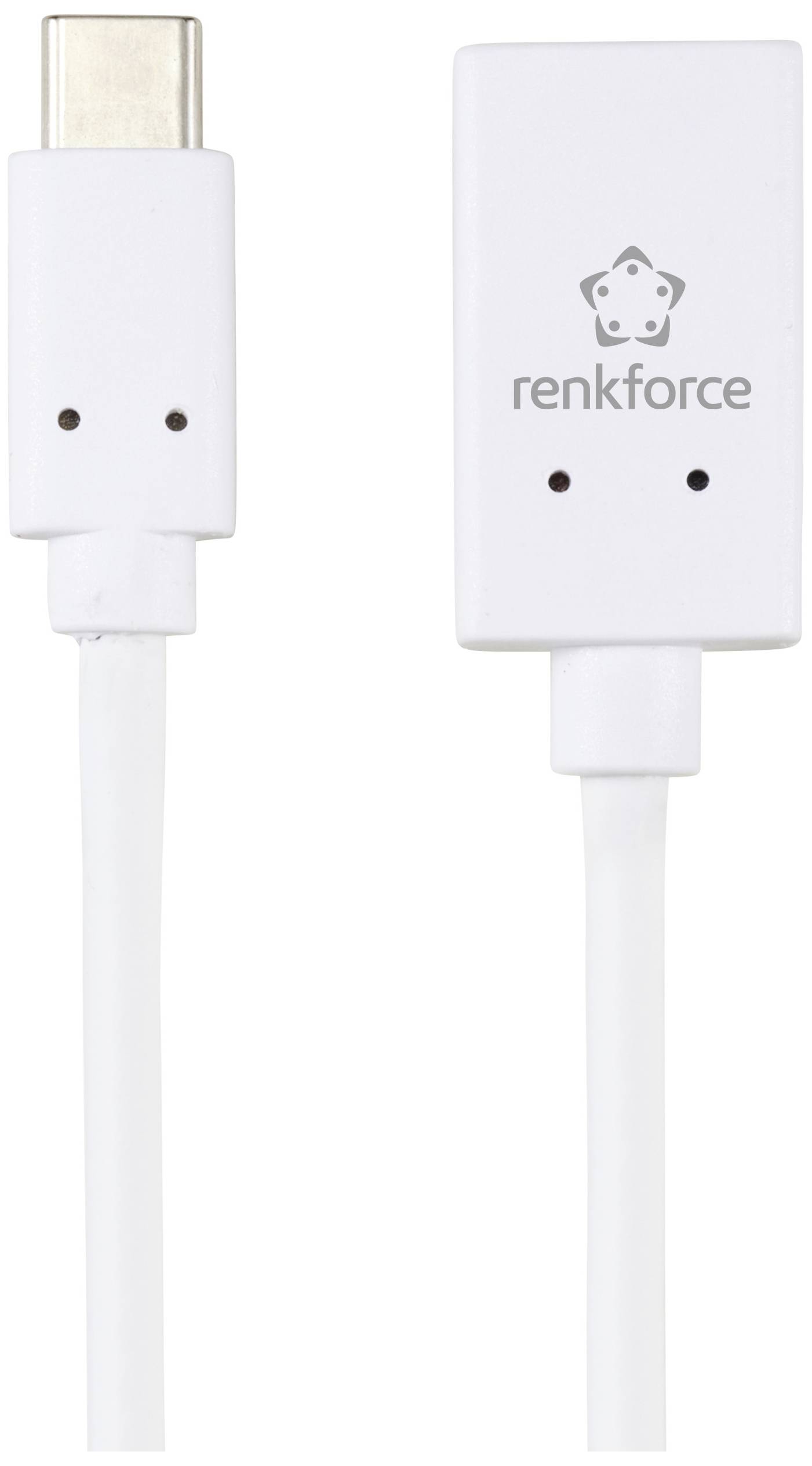 USB-C-auf-HDMI-Adapterkabel in Weiß von der Marke Renkforce, links der USB-C-Stecker, rechts der HDMI-Adapter.