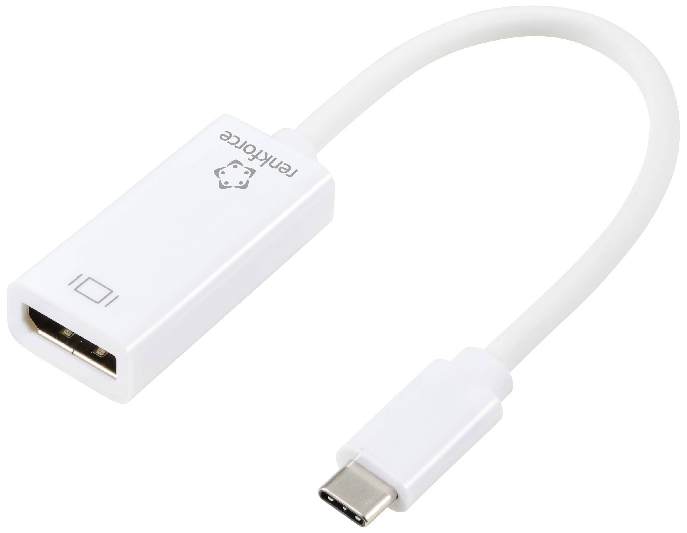 Ein weißer Adapter mit einem USB-C-Anschluss auf der einen Seite und einem HDMI-Ausgang auf der anderen, verwendet für Videowiedergabe.