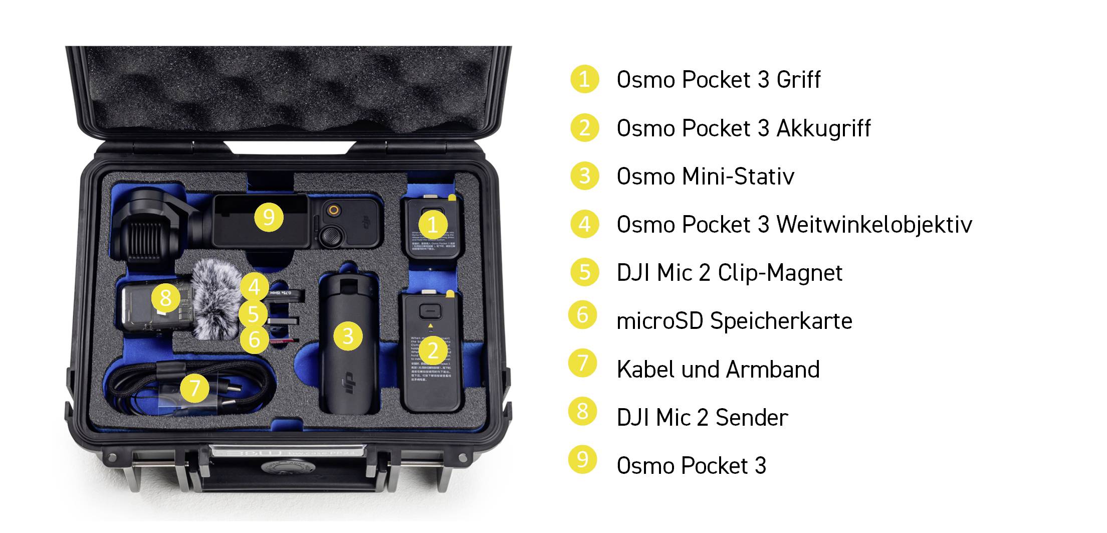 'Osmo Pocket 3'-Set mit Griff, Akku, Mini-Stativ, Weitwinkelobjektiv, DJI Mic 2, microSD-Karte, Kabel, Armband im schwarzen Koffer.