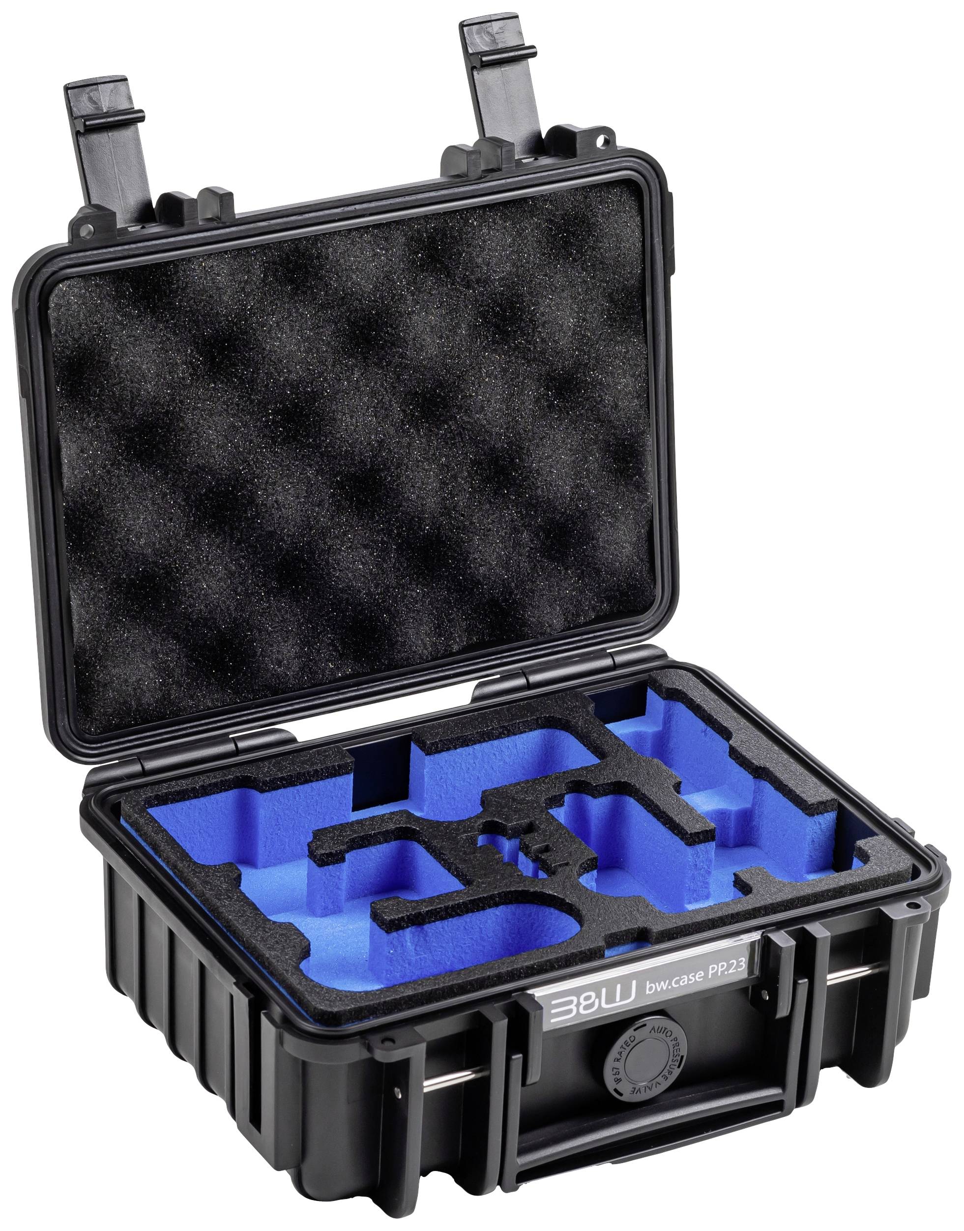 Ein robuster, schwarzer Kunststoffkoffer mit offenem Deckel und blauer, schützender Schaumeinlage, geeignet zum sicheren Transportieren von Geräten.