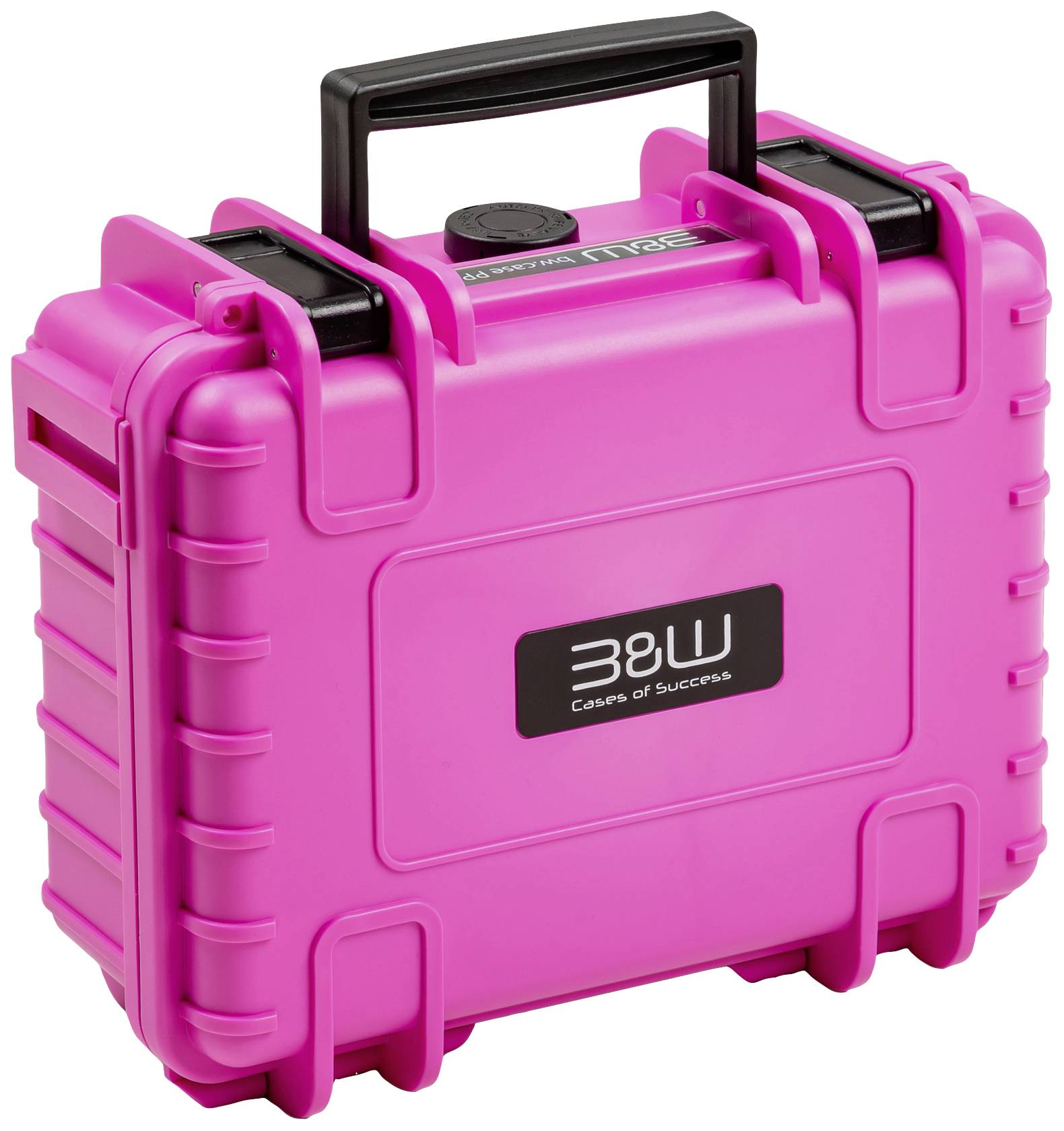 Rosa, wasserdichter Hartschalenkoffer mit Griff und Verschlüssen, geeignet zum Schutz empfindlicher Geräte oder Ausrüstung.