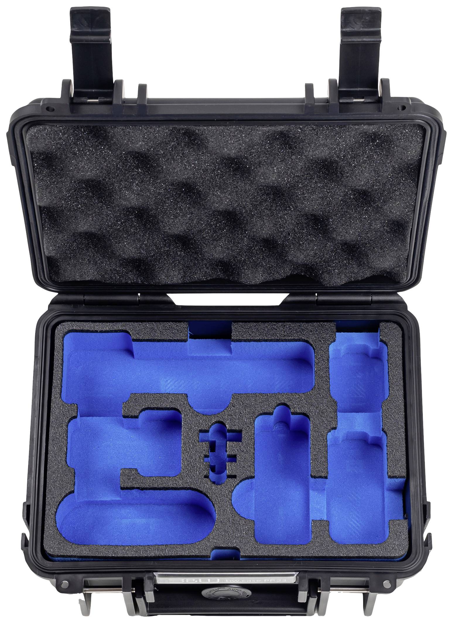 Offener, schwarzer Koffer mit blauer, schützender Inneneinlage für elektronische Geräte. Schaumstoffpolsterung im Deckel.