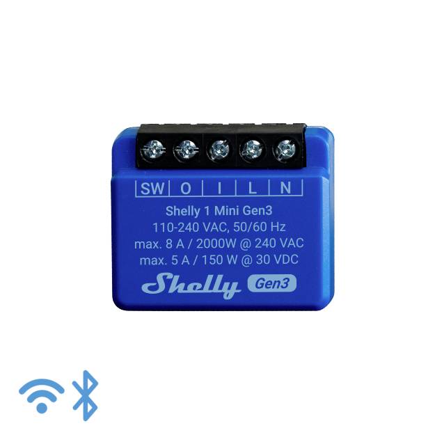 Ein blaues, rechteckiges Gerät mit der Aufschrift 'Shelly 1 Mini Gen3', unterstützt 110-240 VAC, 50/60 Hz, 8A/2000W. Unten links Wi-Fi- und Bluetooth-Symbole.