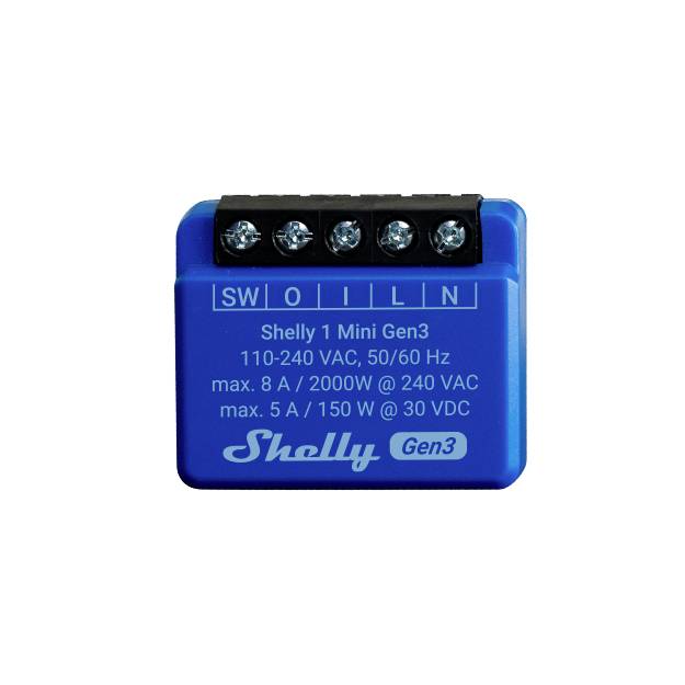 Ein blaues elektrisches Modul mit der Aufschrift 'Shelly 1 Mini Gen3', das technische Spezifikationen für Spannung und Leistung zeigt.