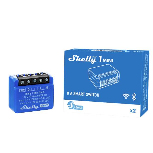 Ein blauer Shelly 1 Mini 8A intelligenter Schalter neben seiner Verpackung. Verbindungsoptionen sind WLAN und Bluetooth.