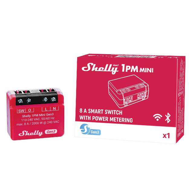'Shelly 1PM Mini Gen3' Smart Switch und Verpackung mit rotem Design und weißem Text. Beschriftungen: '8 A Smart Switch with Power Metering'.