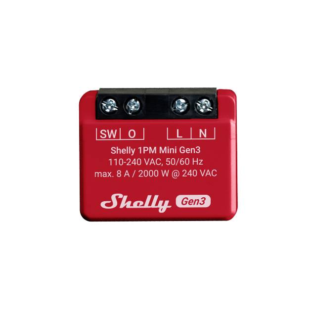 Ein rotes elektrisches Gerät mit der Aufschrift 'Shelly 1PM Mini Gen3', geeignet für 110-240 VAC, 50/60 Hz, max. 8 A/2000 W bei 240 VAC.