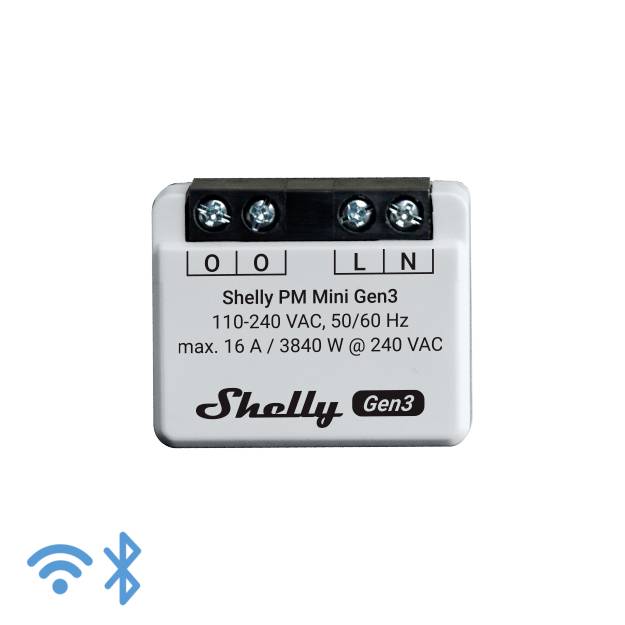 Ein weißes elektrisches Modul mit drei Anschlussklemmen und der Aufschrift 'Shelly PM Mini Gen3'. Unterstützt WLAN und Bluetooth.