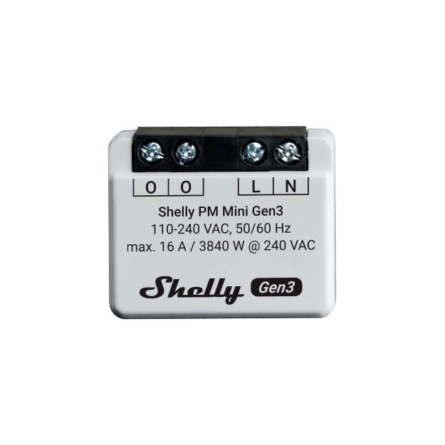 Ein Shelly PM Mini Gen3 Gerät mit Anschlüssen für Drahtverbindungen. Beschriftung zeigt Spannung und Stromstärke: '110-240 VAC, 50/60 Hz, max. 16 A / 3840 W @ 240 VAC'.