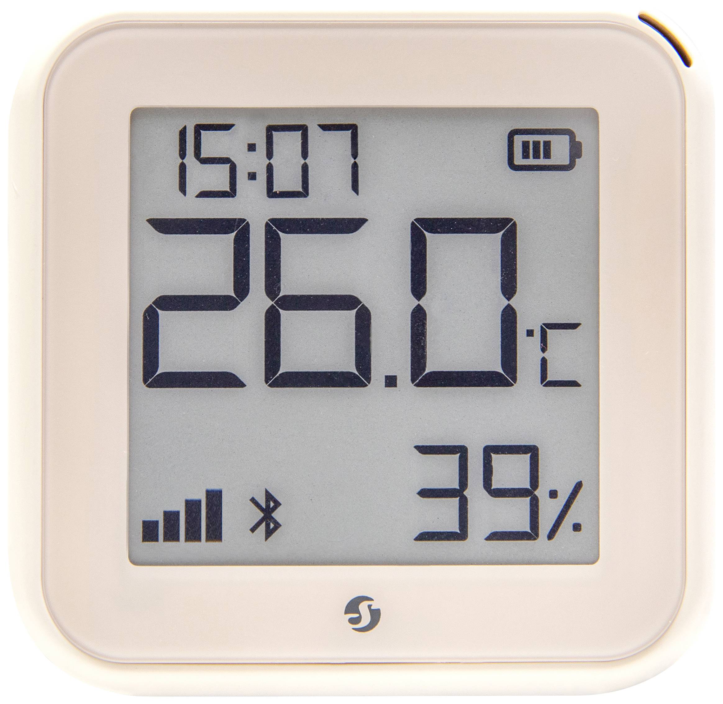 Digitales Thermometer-Hygrometer zeigt 26°C und 39% Luftfeuchtigkeit. Oben links Uhrzeit 15:07, rechts Batterieanzeige.