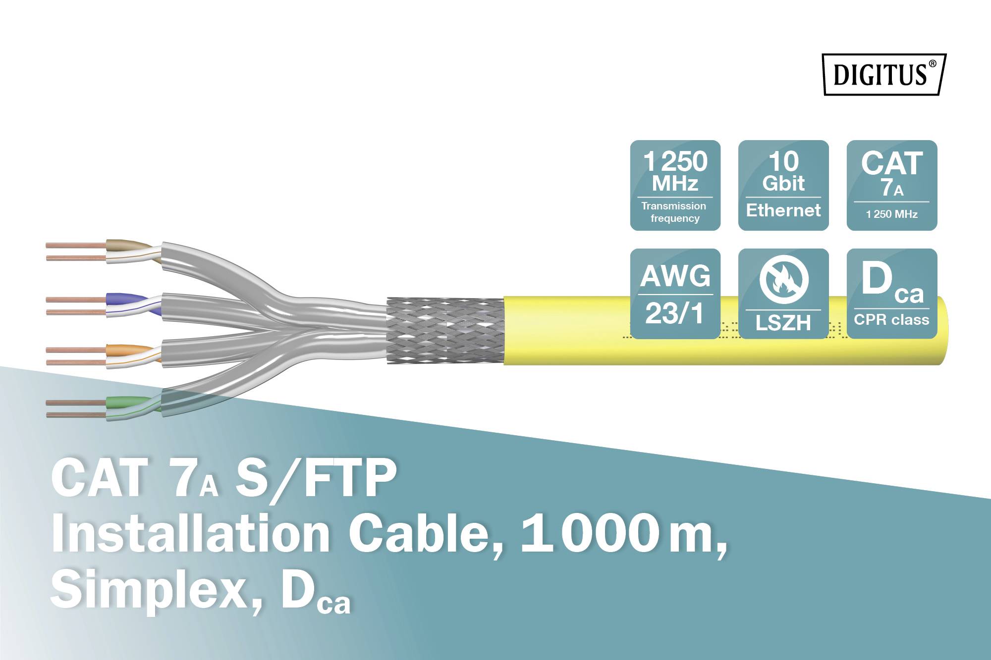 'CAT 7a S/FTP Installation Cable, 1000 m, Simplex, Dca', zeigt Kabelschnitt mit vier paarweise verdrillten Adern und technische Spezifikationen.