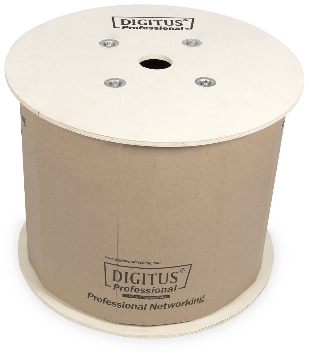 Eine große Kabeltrommel mit der Aufschrift 'DIGITUS Professional' oben und unten, aus braunem Karton mit Holzabdeckung, für Netzwerkanwendungen.