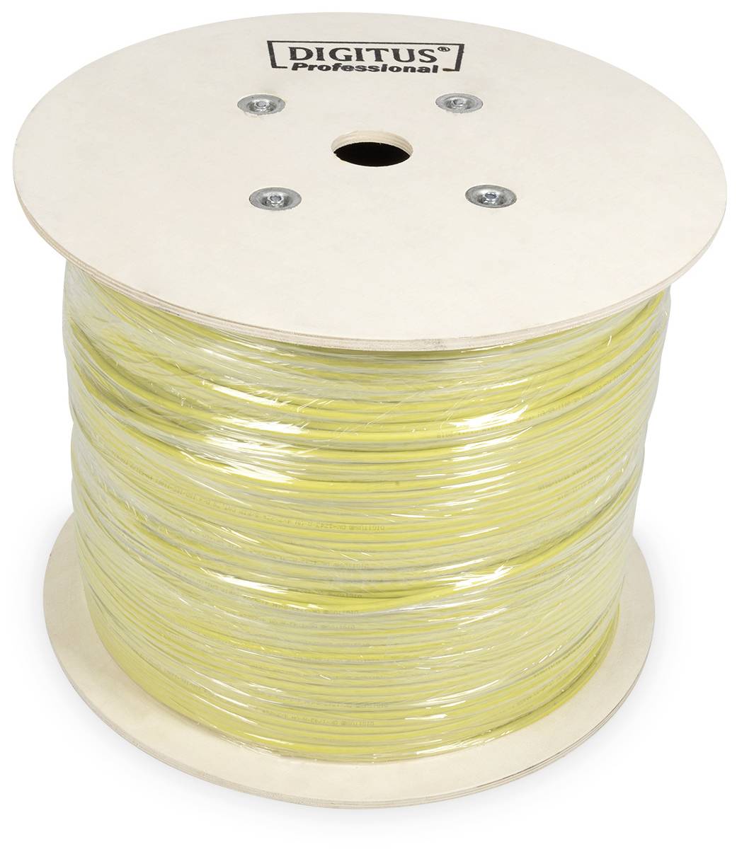 Große Kabeltrommel mit gelbem Kabel, markiert mit 'DIGITUS Professional'.