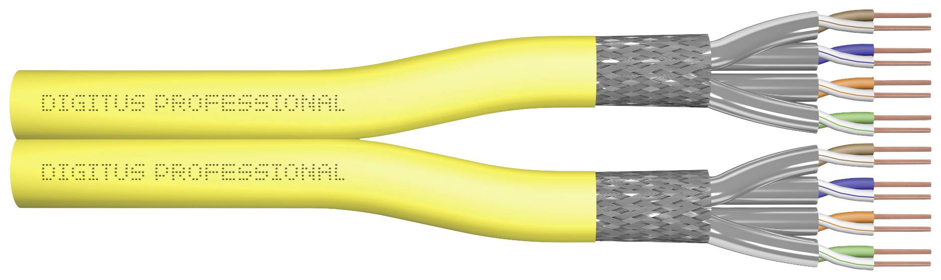 Zwei gelbe Ethernet-Kabel mit der Aufschrift 'Digitus Professional', gezeigt mit offenen Enden, die innere Kabel und Abschirmungen sichtbar machen.