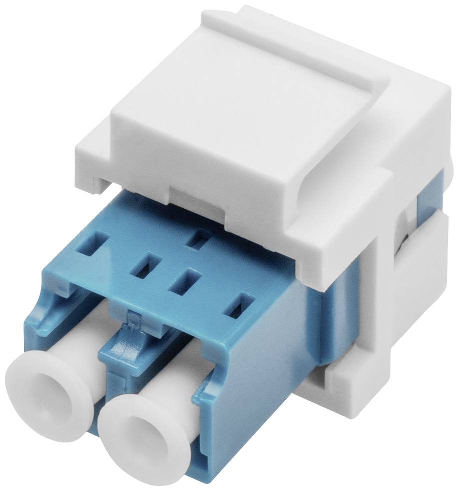 Ein blau-weißer LC-Duplex-Steckverbinder für Glasfaserkabel, geeignet zum Einsatz in Patchpanels oder Netzwerkdosen.