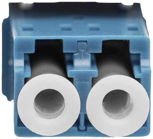 Nahaufnahme eines blauen doppeladrigen Steckverbinders mit zwei weißen Buchsen, die für elektrische Verbindungen genutzt werden.