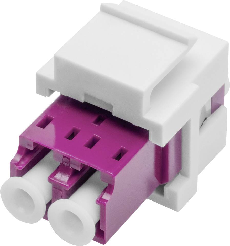 Ein weißer und magentafarbener quadratischer Adapter mit zwei runden Ports an der Front, vermutlich für Glasfaserverbindungen.