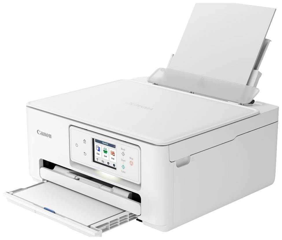Ein weißer All-in-One-Drucker mit einem digitalen Touchscreen-Display und offenem Papierfach für einfachen Zugriff.