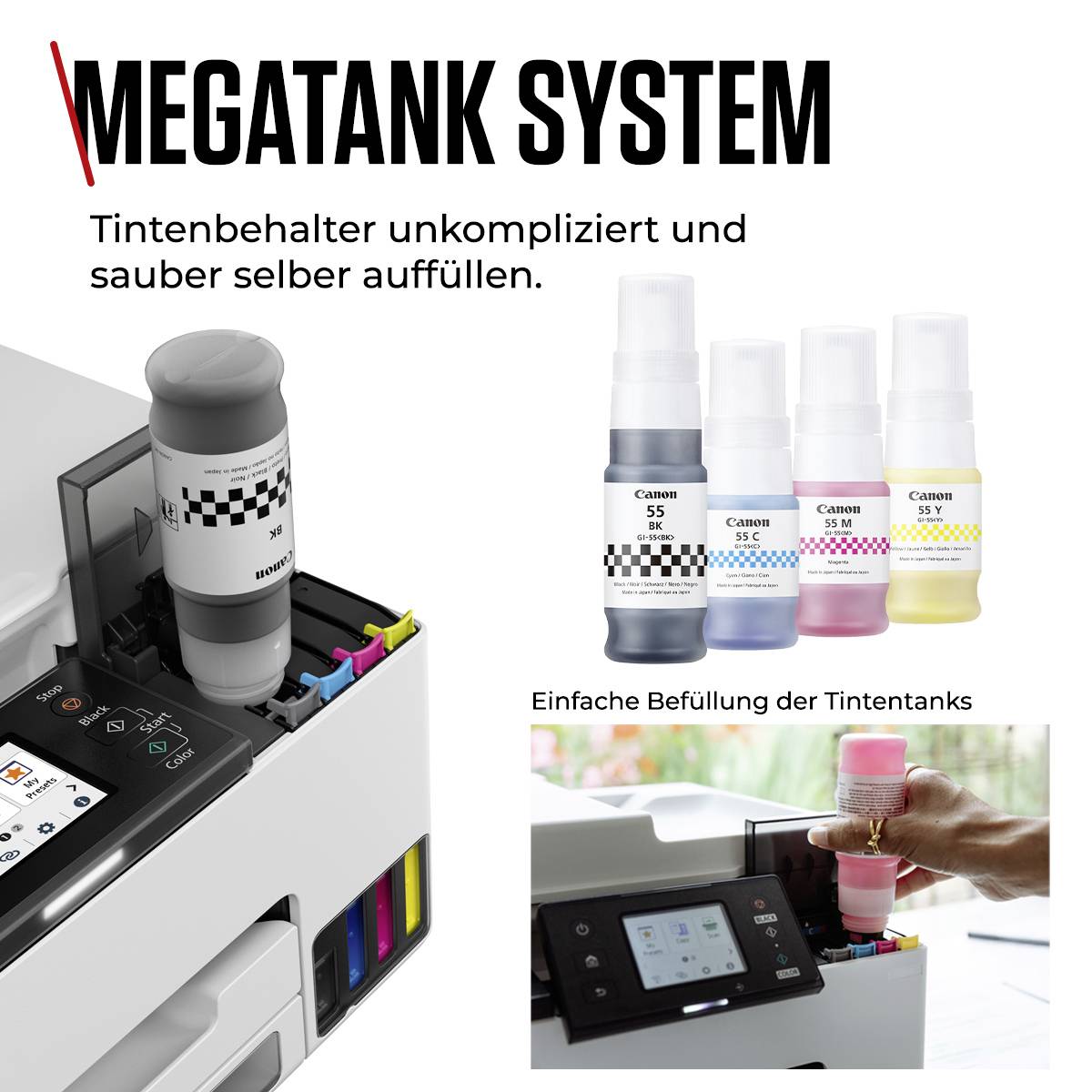 Das Bild zeigt ein Drucker-Tintentanksystem mit fünf nachfüllbaren Farbflaschen und dem Text 'Tintenbehälter unkompliziert und sauber selbst auffüllen'.