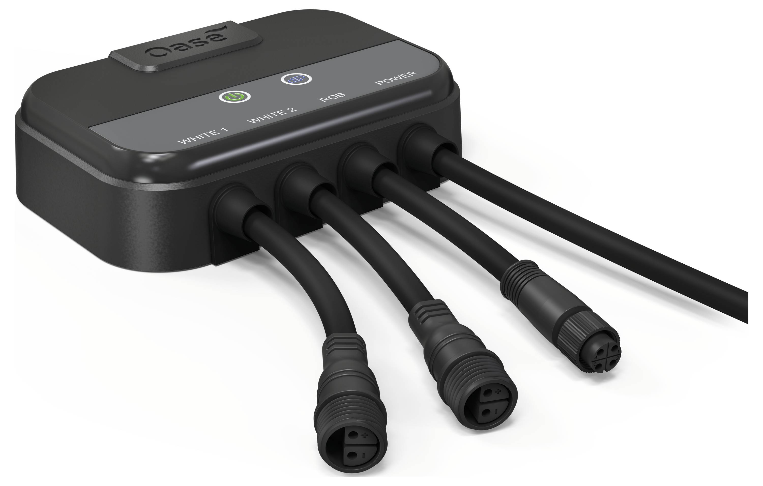 Eine schwarze Steuerbox mit drei beschrifteten Anschlüssen: 'Weiß 1', 'Weiß 2', 'RGB' und vier angeschlossenen Kabeln. Wird zur Steuerung von LED-Beleuchtung verwendet.