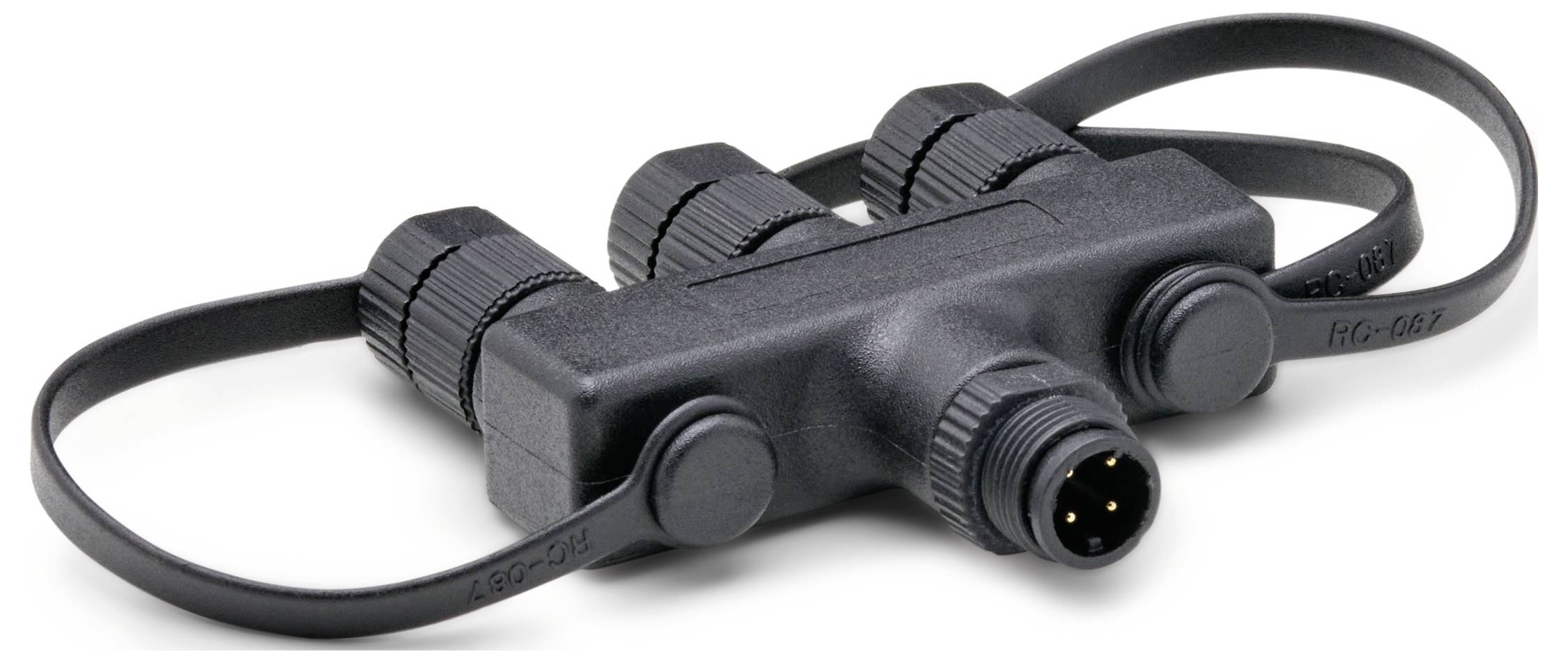 Ein schwarzes Y-Verteilerkabel mit drei Anschlüssen, das zum Aufteilen elektrischer Signale verwendet wird. Die Kabel sind ordentlich aufgewickelt.