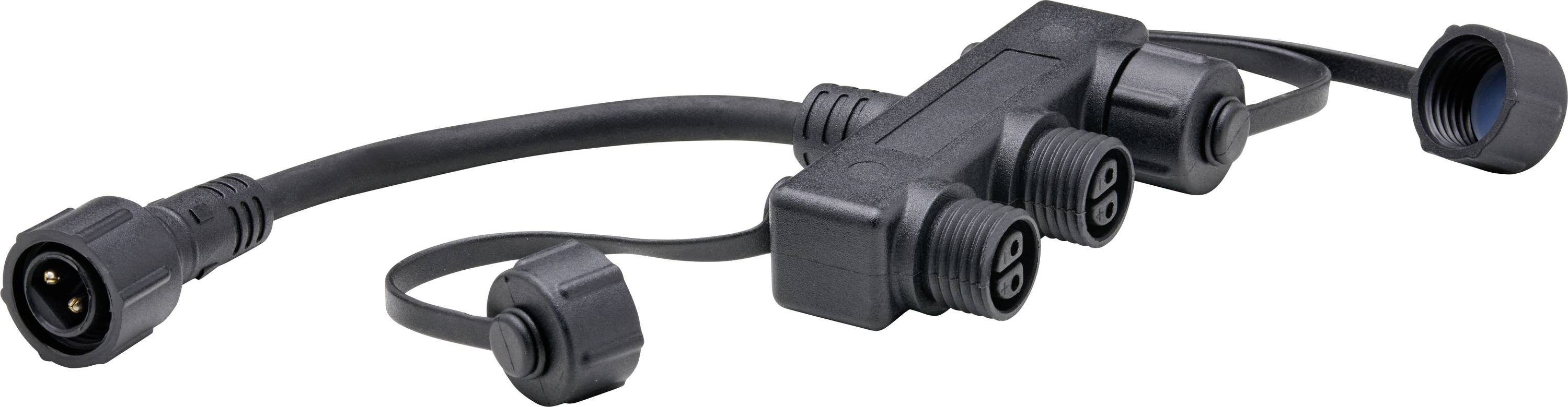 Ein schwarzer 3-Wege-Elektro-Verteiler mit wasserdichten Anschlüssen, ausgestattet mit drei Ausgängen und einem Eingang, speziell für den Außeneinsatz konzipiert.