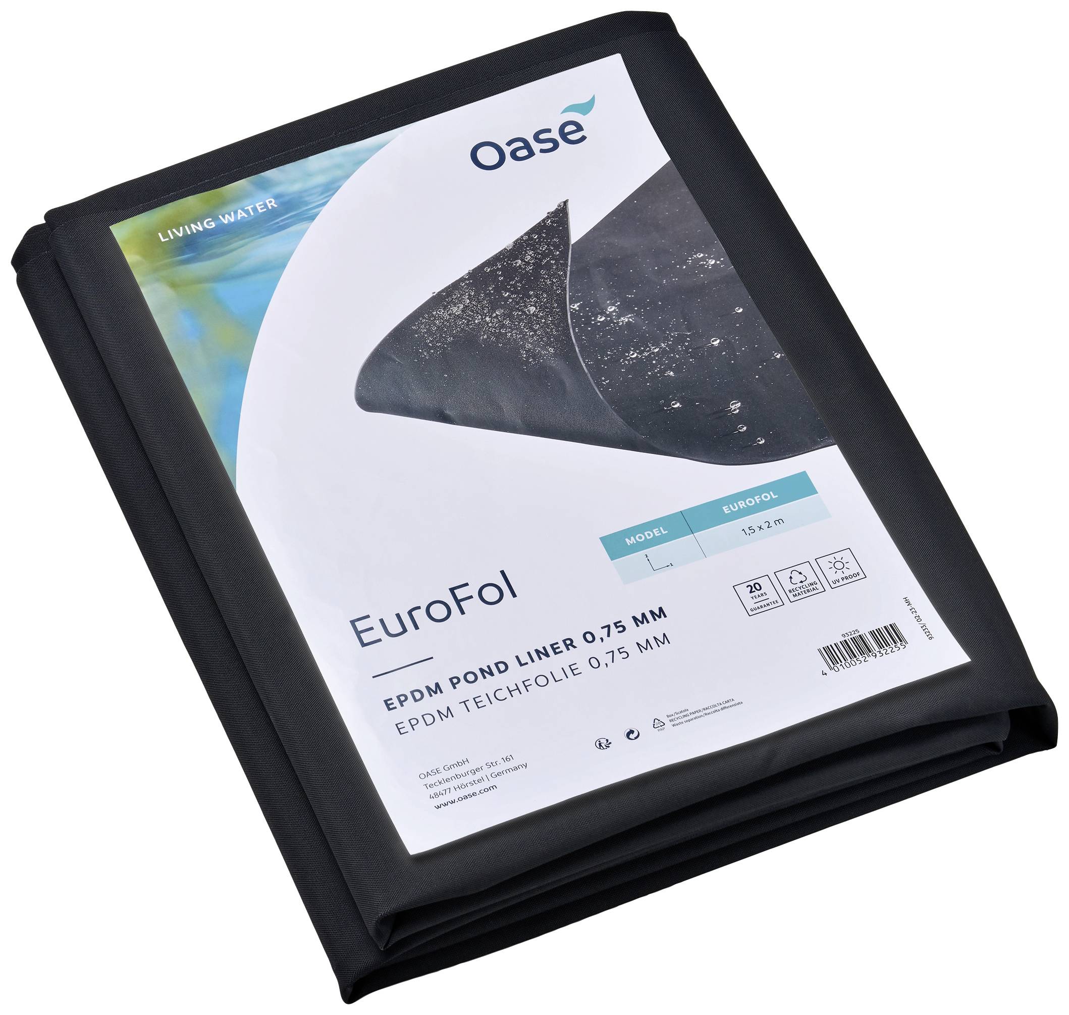 Verpackung einer Teichfolie von Oase, Modell: EuroFol, EPDM, 0,75 mm dick, 15x4 m. Geeignet für Teiche, schwarzes Material.
